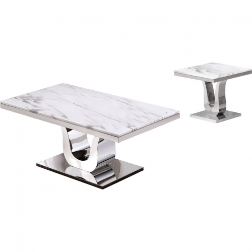 CT2 2 Piece Coffee & End Table Set in White Marble & Silver Stainless Steel