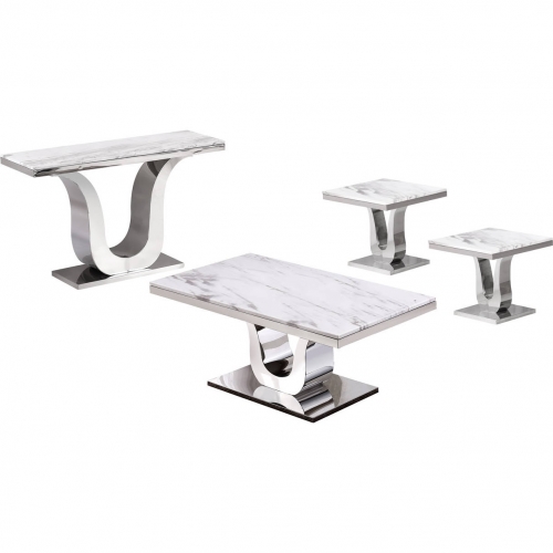 CT2 4 Piece Coffee, 2 End & Console Table Set in White Marble & Silver Stainless Steel