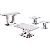CT2 4 Piece Coffee, 2 End & Console Table Set in White Marble & Silver Stainless Steel