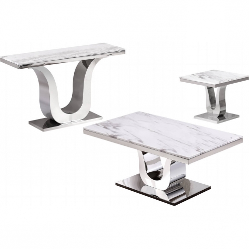 CT2 3 Piece Coffee Table Set in White Marble & Silver Stainless Steel