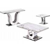 CT2 3 Piece Coffee Table Set in White Marble & Silver Stainless Steel