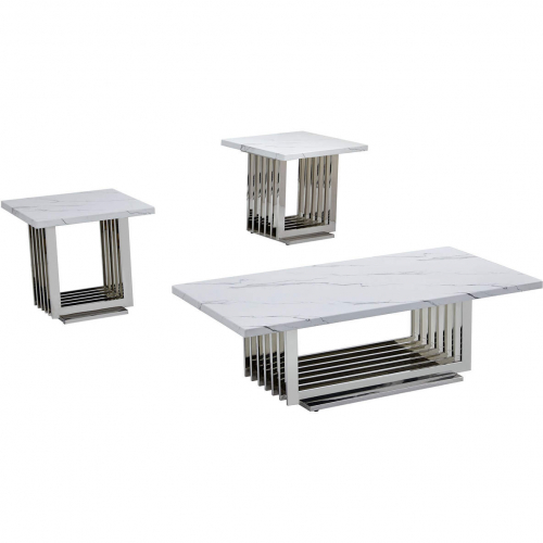 CT310 3 Piece Coffee Table Set in White Marble & Polished Stainless Steel