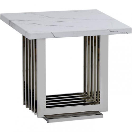 CT311 End Table in White Marble & Polished Stainless Steel Base