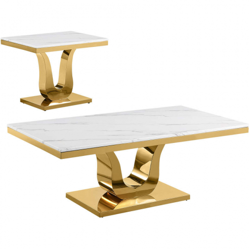 CT320 2 Piece Coffee Table Set in White Marble & Polished Gold Stainless Steel