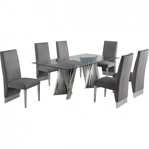 D01 7 Piece Dining Set in Tempered Glass, Silver Chrome & Gray Velvet