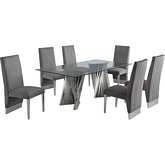 D01 7 Piece Dining Set in Tempered Glass, Silver Chrome & Gray Velvet
