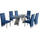 D01 7 Piece Dining Set in Tempered Glass, Silver Chrome & Navy Blue Velvet