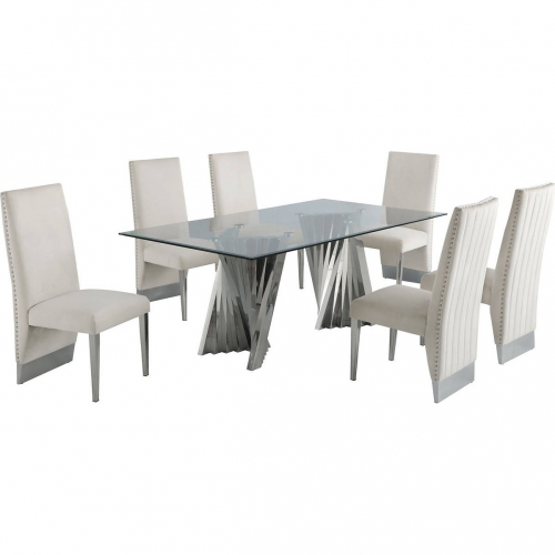 D01 7 Piece Dining Set in Tempered Glass, Silver Chrome & Cream Velvet