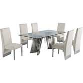 D01 7 Piece Dining Set in Tempered Glass, Silver Chrome & Cream Velvet