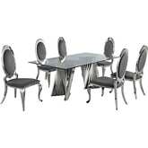 D01 7 Piece Dining Set in Tempered Glass, Silver Stainless & Oval Gray Velvet