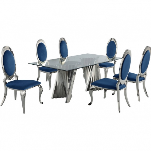 D01 7 Piece Dining Set in Tempered Glass, Silver Stainless & Oval Navy Blue Velvet