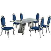 D01 7 Piece Dining Set in Tempered Glass, Silver Stainless & Oval Navy Blue Velvet