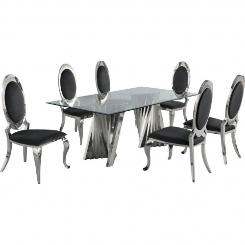 D01 7 Piece Dining Set in Tempered Glass, Silver Stainless & Oval Black Velvet