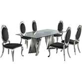 D01 7 Piece Dining Set in Tempered Glass, Silver Stainless & Oval Black Velvet