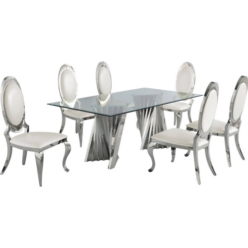 D01 7 Piece Dining Set in Tempered Glass, Silver Stainless & Oval White Leatherette