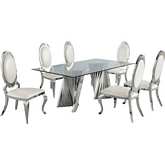 D01 7 Piece Dining Set in Tempered Glass, Silver Stainless & Oval White Leatherette