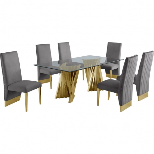 D02 7 Piece Dining Set in Tempered Glass, Gold Chrome & Gray Velvet