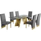 D02 7 Piece Dining Set in Tempered Glass, Gold Chrome & Gray Velvet