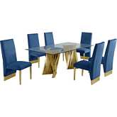 D02 7 Piece Dining Set in Tempered Glass, Gold Chrome & Navy Blue Velvet