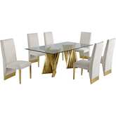 D02 7 Piece Dining Set in Tempered Glass, Gold Chrome & Cream Velvet