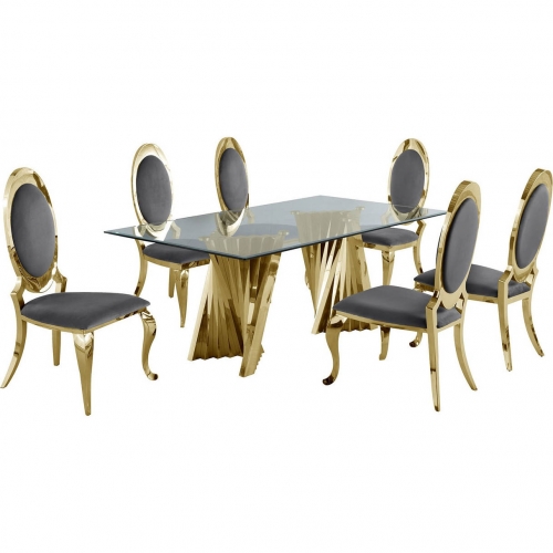 D02 7 Piece Dining Set in Tempered Glass, Gold Stainless & Oval Gray Velvet