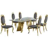 D02 7 Piece Dining Set in Tempered Glass, Gold Stainless & Oval Gray Velvet