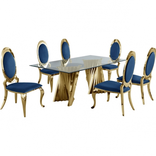 D02 7 Piece Dining Set in Tempered Glass, Gold Stainless & Oval Navy Blue Velvet