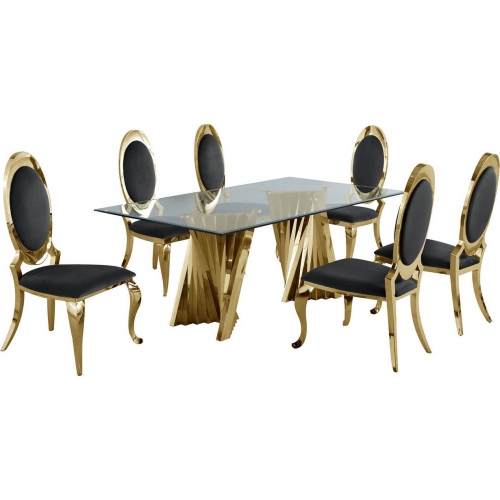 D02 7 Piece Dining Set in Tempered Glass, Gold Stainless & Oval Black Velvet