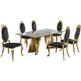D02 7 Piece Dining Set in Tempered Glass, Gold Stainless & Oval Black Velvet