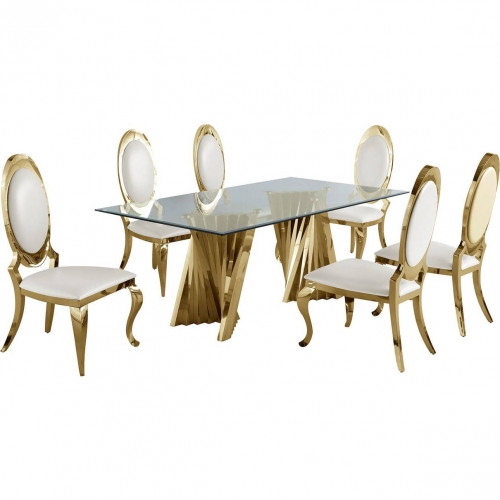 D02 7 Piece Dining Set in Tempered Glass, Gold Stainless & Oval White Leatherette