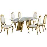 D02 7 Piece Dining Set in Tempered Glass, Gold Stainless & Oval White Leatherette