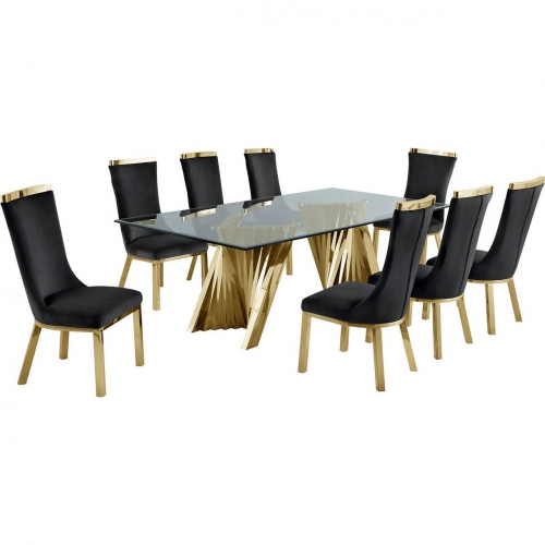 D04 9 Piece Dining Set in Tempered Glass, Gold Stainless Steel & Black Velvet