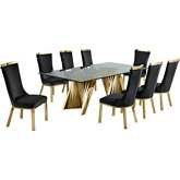 D04 9 Piece Dining Set in Tempered Glass, Gold Stainless Steel & Black Velvet