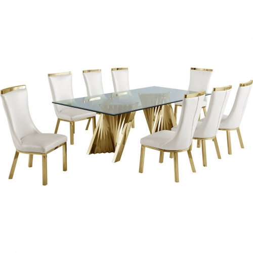 D04 9 Piece Dining Set in Tempered Glass, Gold Stainless Steel & White Faux Leather
