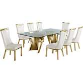 D04 9 Piece Dining Set in Tempered Glass, Gold Stainless Steel & White Faux Leather