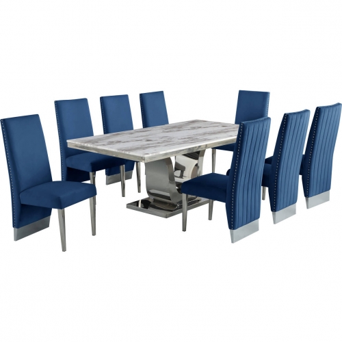 D13 9 Piece Dining in White Marble, Stainless Steel & Navy Velvet