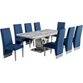 D13 9 Piece Dining in White Marble, Stainless Steel & Navy Velvet