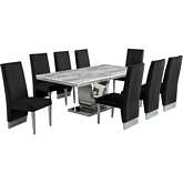 D13 9 Piece Dining in White Marble, Stainless Steel & Black Velvet