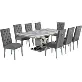 D13 9 Piece Dining in White Marble, Stainless Steel & Gray Velvet