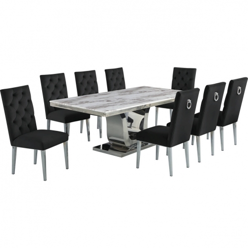 D13 9 Piece Dining in White Marble, Stainless Steel & Black Velvet