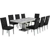 D13 9 Piece Dining in White Marble, Stainless Steel & Black Velvet