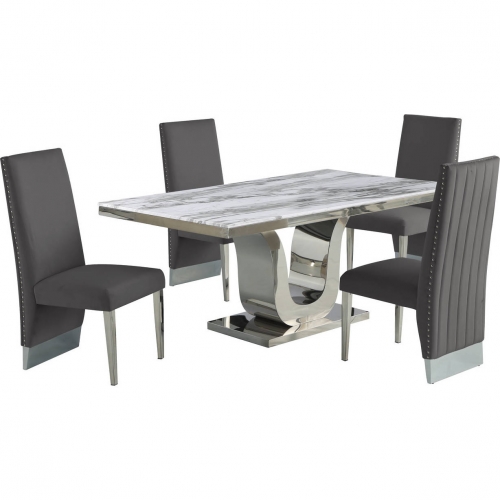 D14 5 Piece Dining Set in White Marble, Stainless Steel & Gray Velvet