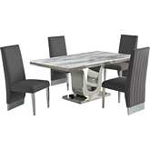 D14 5 Piece Dining Set in White Marble, Stainless Steel & Gray Velvet