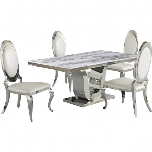 D14 5 Piece Dining Set in White Marble, Stainless Steel & White Leatherette