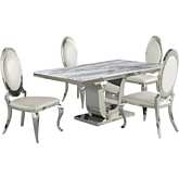 D14 5 Piece Dining Set in White Marble, Stainless Steel & White Leatherette