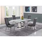 D14 5 Piece Dining Set in White Marble, Stainless Steel & Dark Gray Velvet