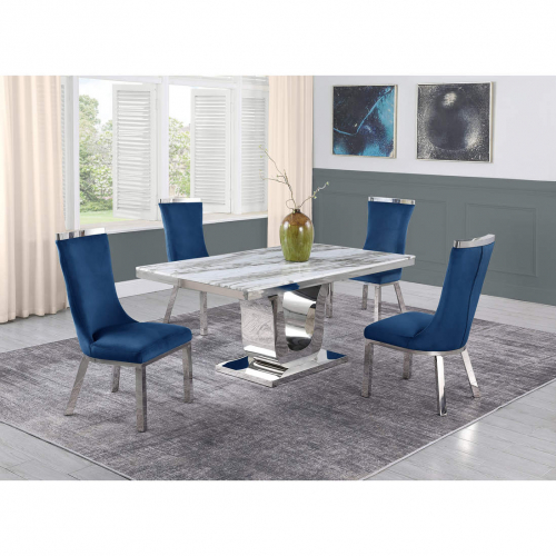 D14 5 Piece Dining Set in White Marble, Stainless Steel & Navy Blue Velvet