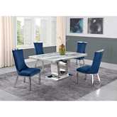 D14 5 Piece Dining Set in White Marble, Stainless Steel & Navy Blue Velvet
