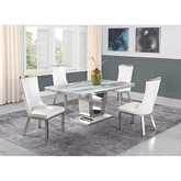D14 5 Piece Dining Set in White Marble, Stainless Steel & White Leatherette