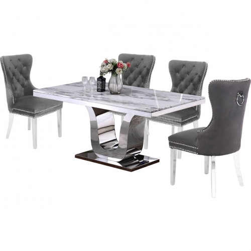 D14 5 Piece Dining Set in White Marble, Stainless Steel & Gray Velvet